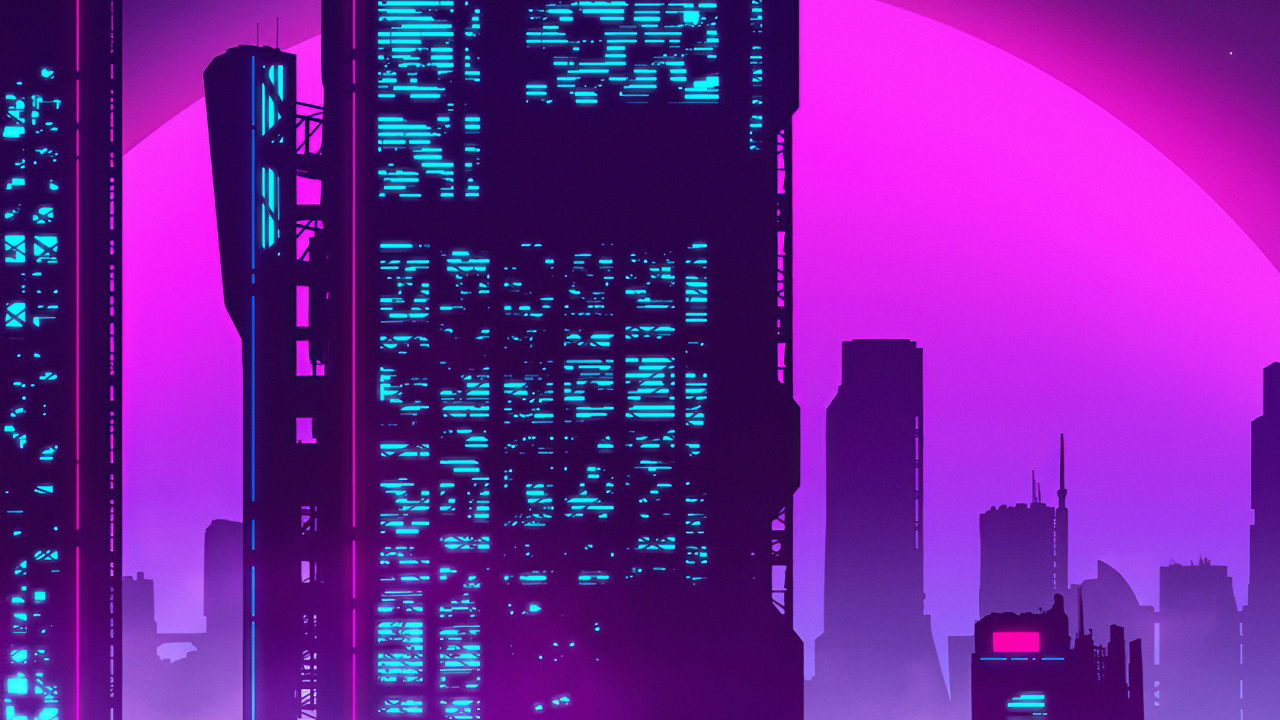 Vaporwave, Synthwave, Bâtiment, Gratte-ciel, Atmosphère. Wallpaper in 1280x720 Resolution