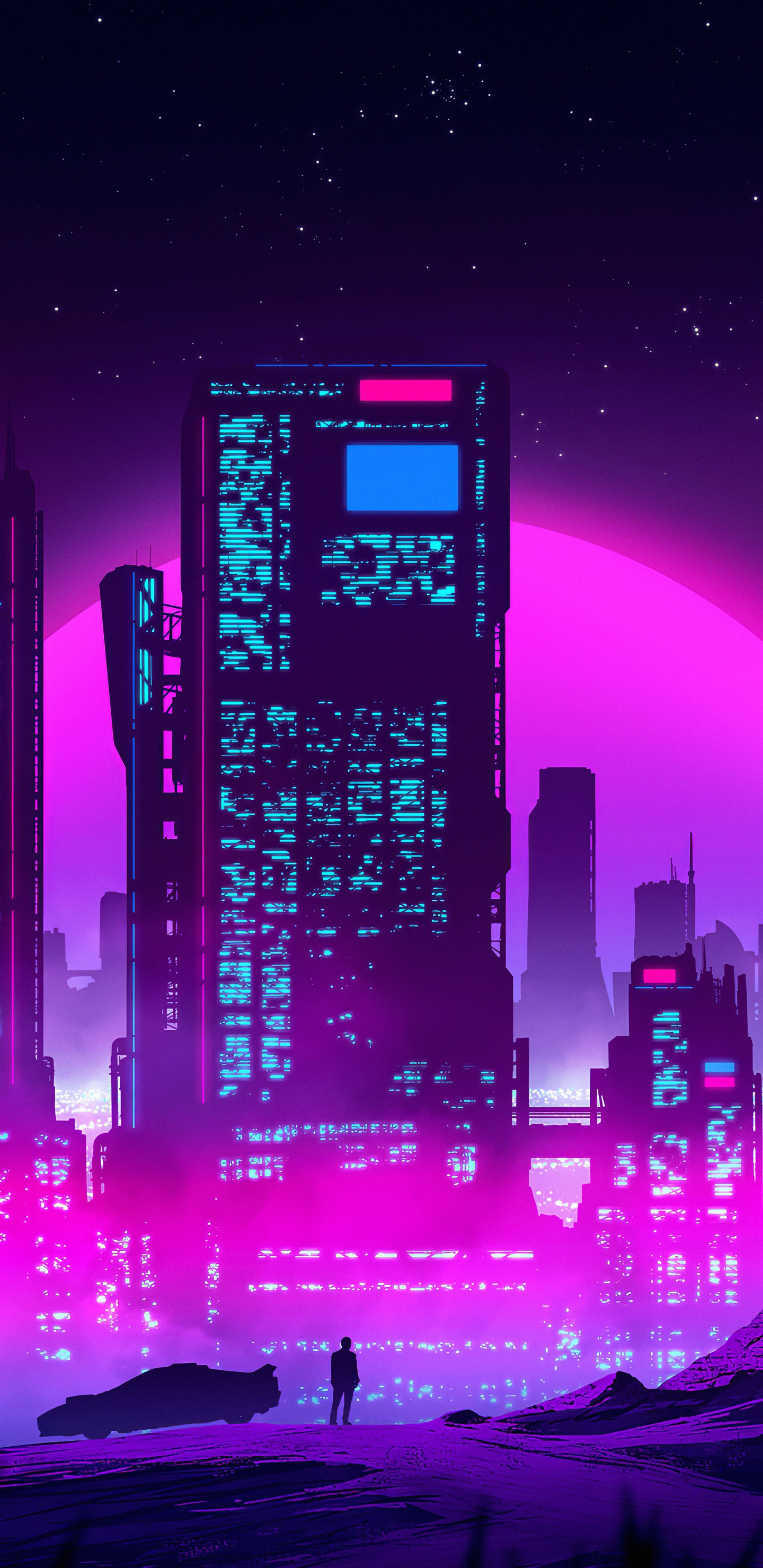Vaporwave, Synthwave, Bâtiment, Gratte-ciel, Atmosphère. Wallpaper in 1440x2960 Resolution
