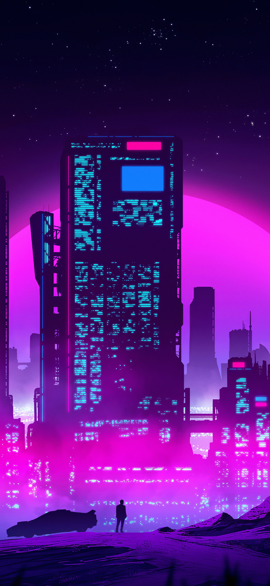 Vaporwave, Synthwave, Building, Skyscraper, Atmosphere. Wallpaper in 1125x2436 Resolution