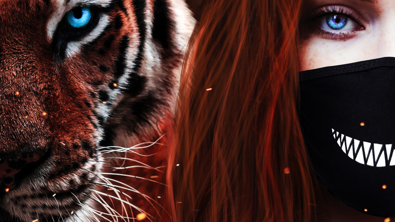 Cute Girl With Tiger, Bengal Tiger, Siberian Tiger, Tiger, Felidae. Wallpaper in 1366x768 Resolution