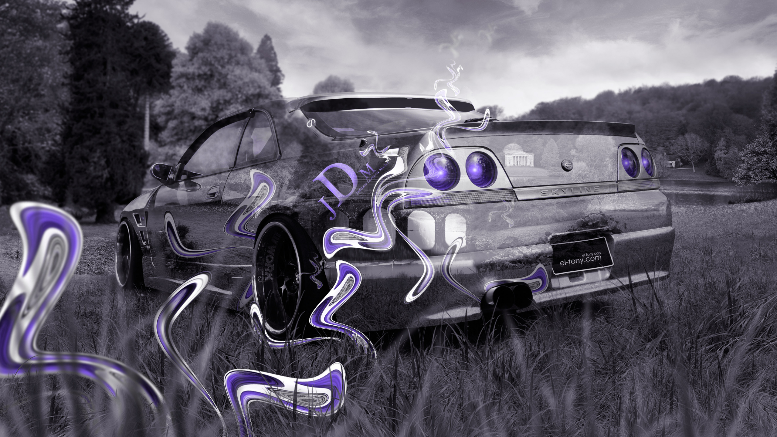 Grayscale Photo of Car on Grass Field. Wallpaper in 2560x1440 Resolution