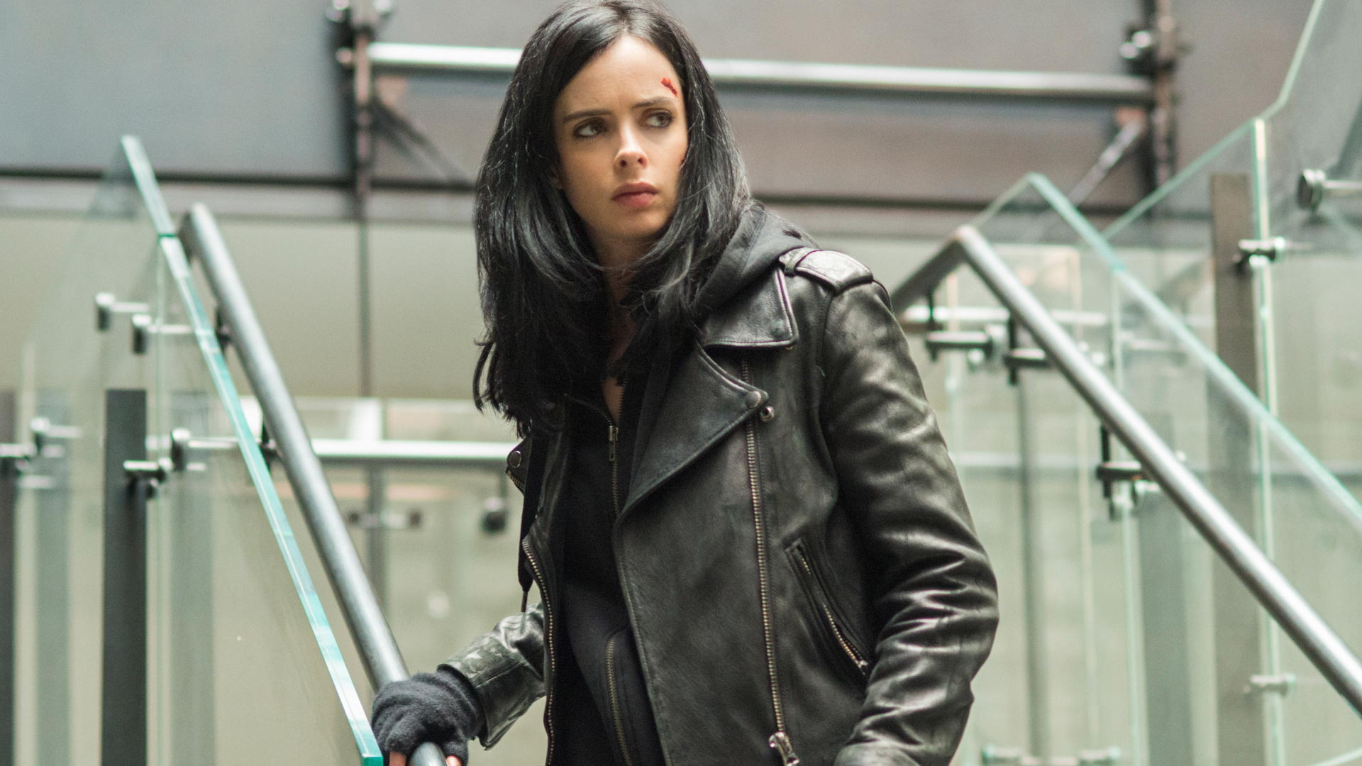 Woman in Black Leather Jacket Standing on Stairs. Wallpaper in 1920x1080 Resolution