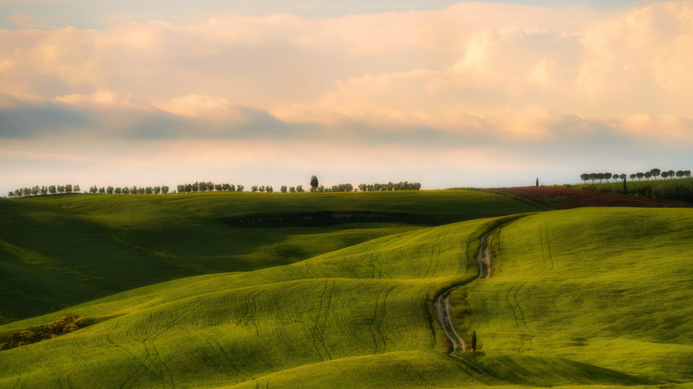 Tagsüber Grüne Wiese Unter Bewölktem Himmel. Wallpaper in 1366x768 Resolution