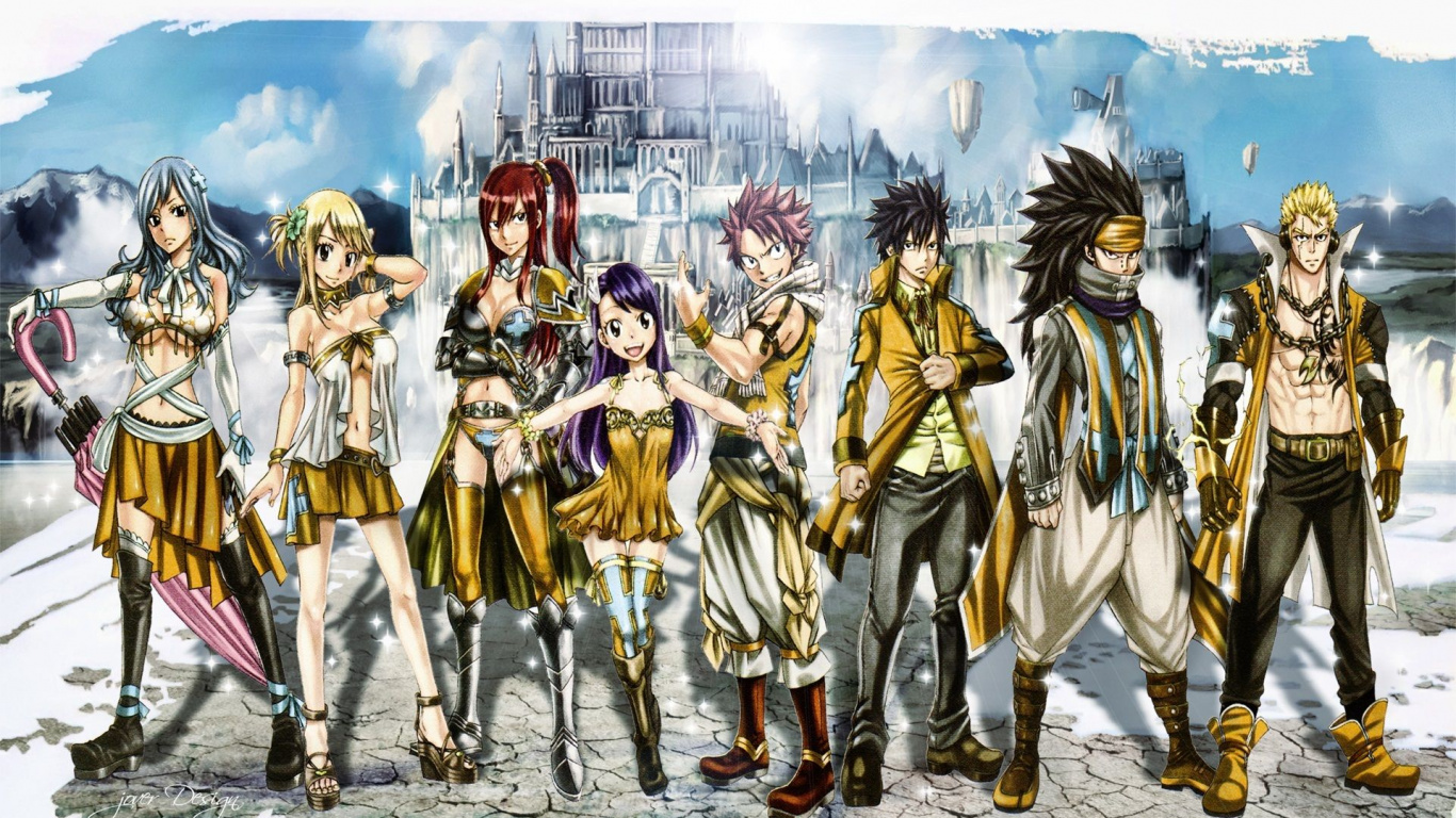 3 Femmes en Robe Jaune et Bleue Personnage D'anime. Wallpaper in 1366x768 Resolution