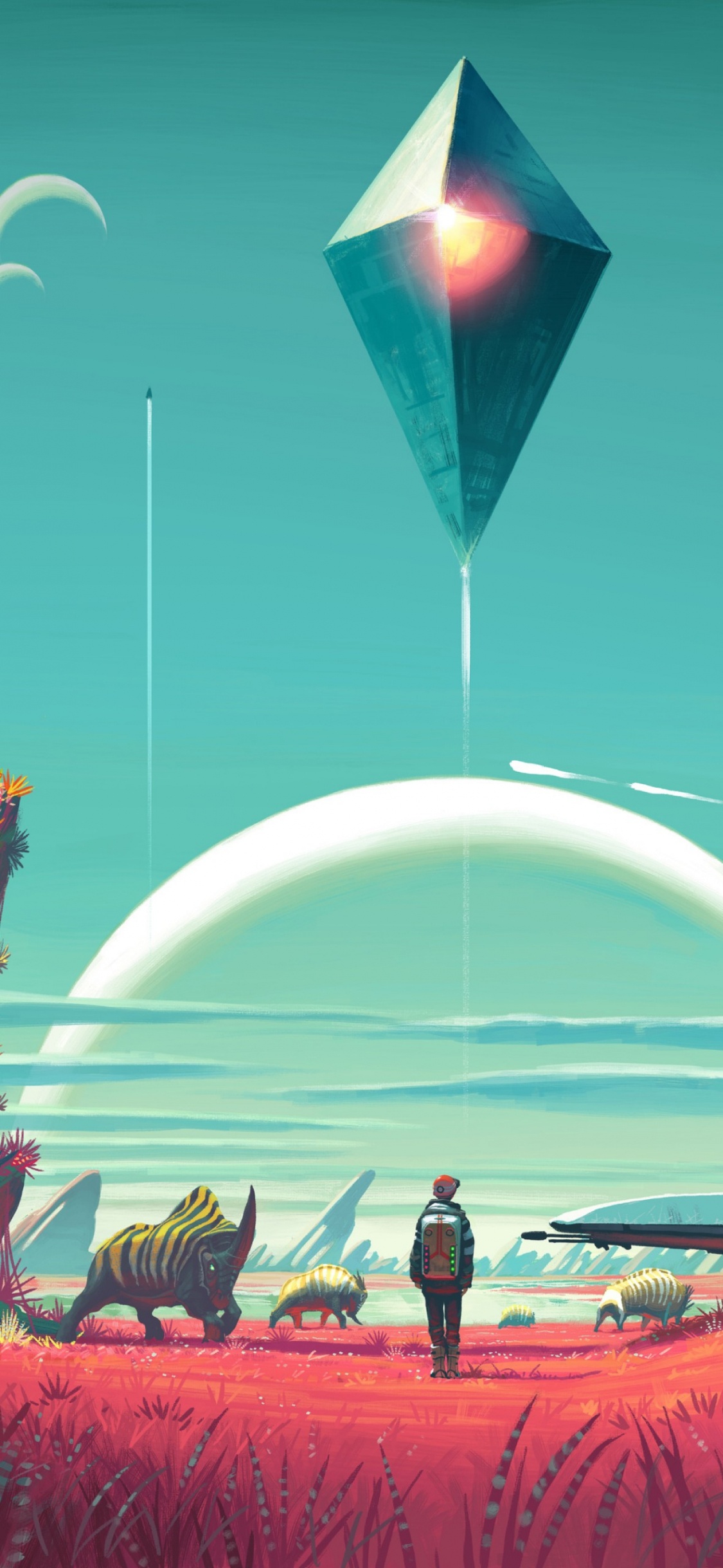 Personnes Debout Sur un Champ D'herbe Verte Près de la Lune Blanche et Bleue. Wallpaper in 1125x2436 Resolution