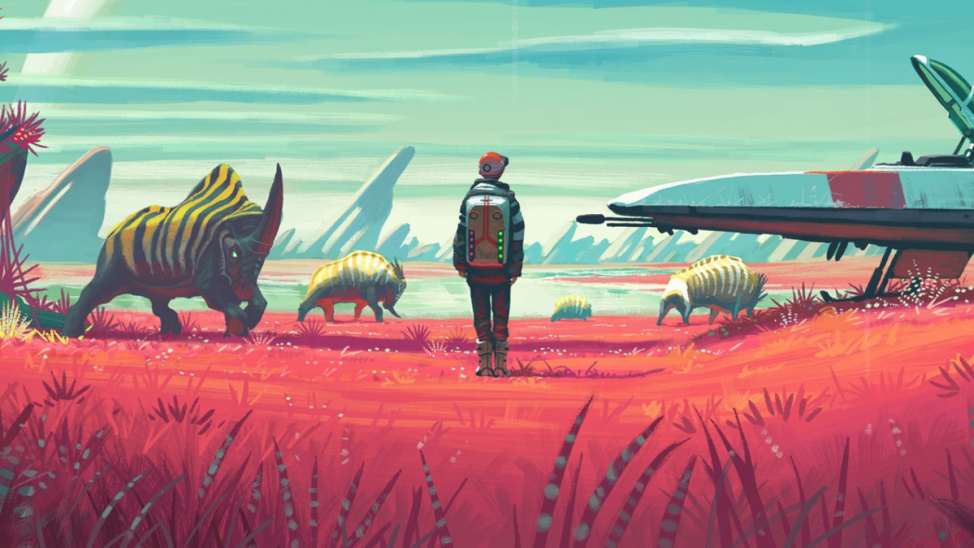 Personnes Debout Sur un Champ D'herbe Verte Près de la Lune Blanche et Bleue. Wallpaper in 1366x768 Resolution