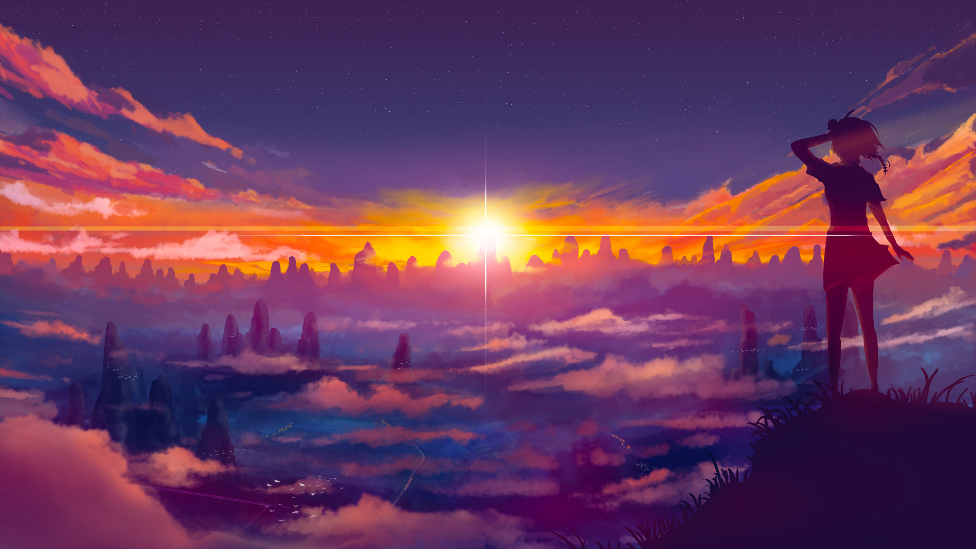 Anime-Sonnenuntergang, Anime, Cartoon, Sonnenuntergang, Cloud. Wallpaper in 1920x1080 Resolution