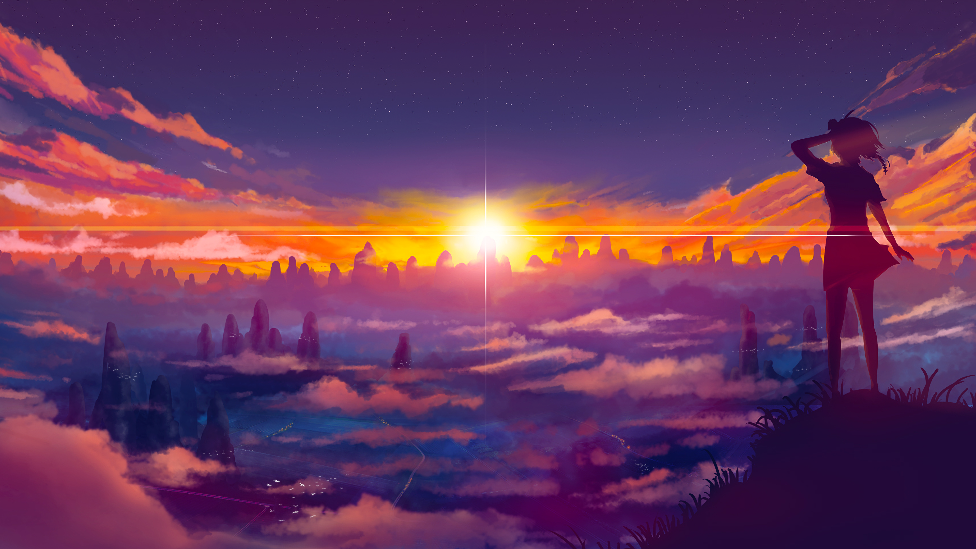 Coucher de Soleil Animé, L'anime, Cartoon, Atmosphère, Afterglow. Wallpaper in 3840x2160 Resolution