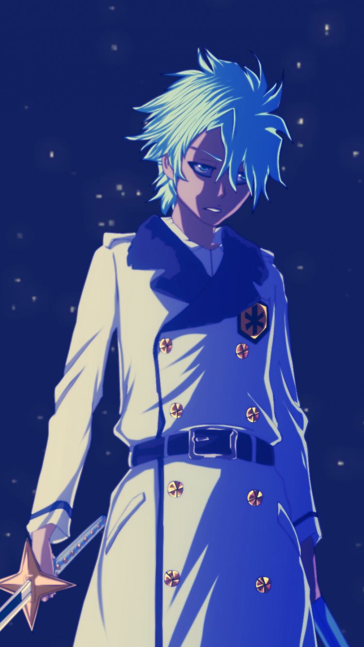 Hombre de Abrigo Negro Con Personaje de Anime de Pelo Azul. Wallpaper in 750x1334 Resolution