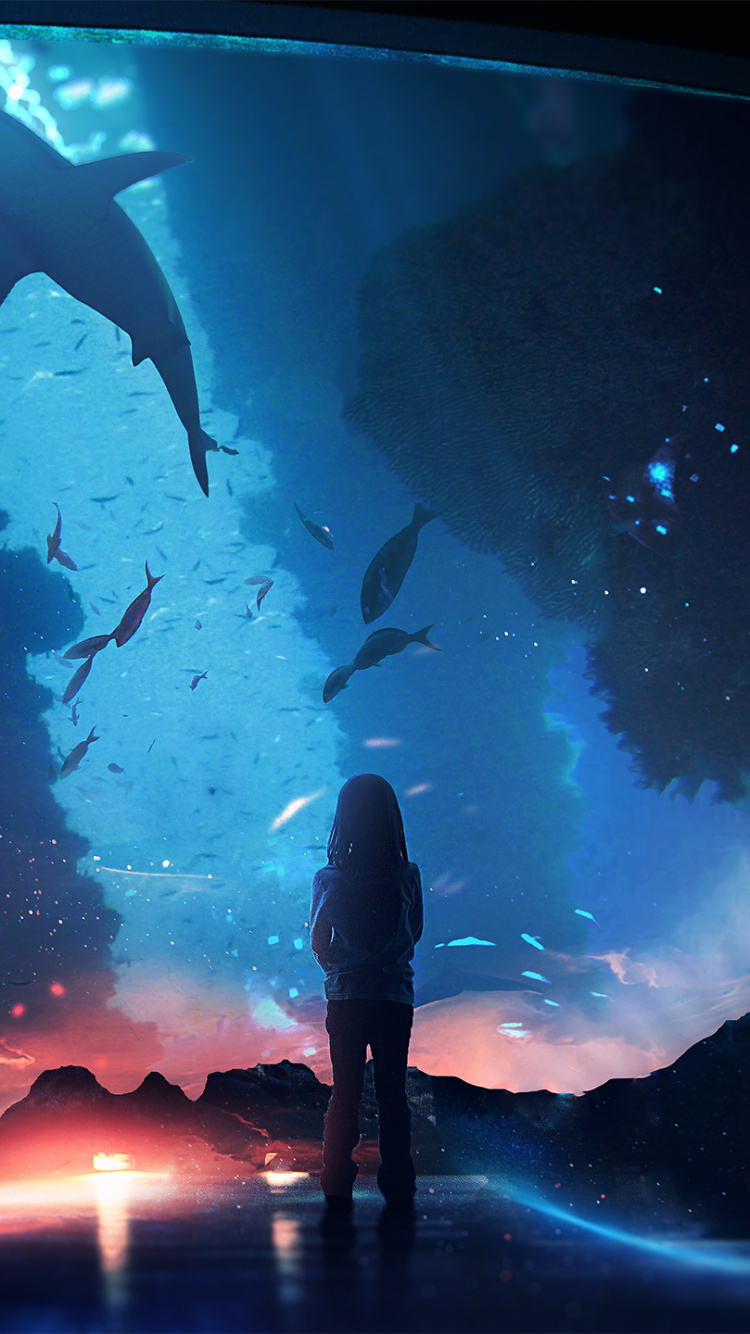 Silueta de Persona de Pie Delante Del Acuario Con Peces. Wallpaper in 750x1334 Resolution