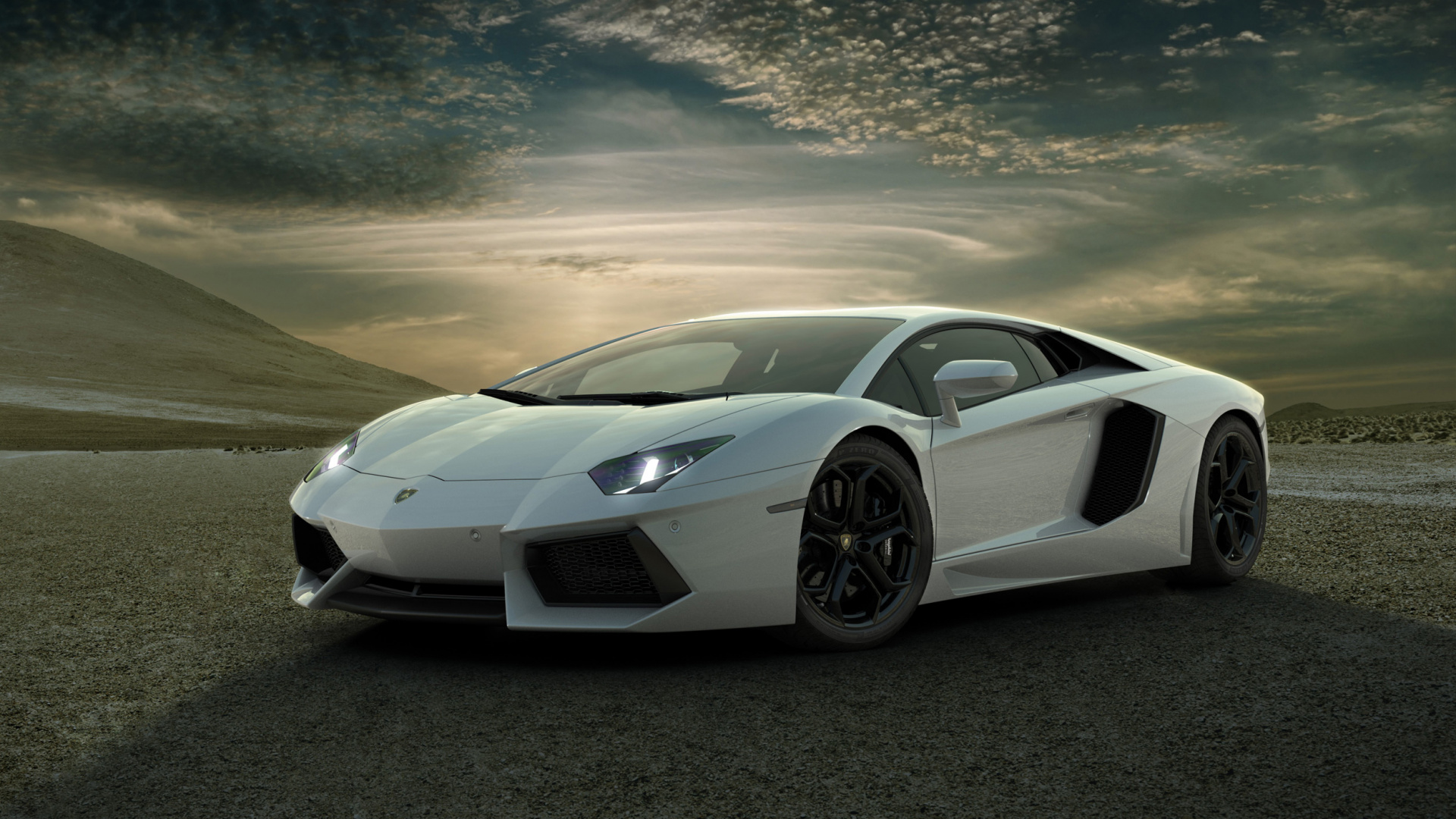 Weißer Lamborghini Aventador Auf Grauer Asphaltstraße Unter Blauem Und Weißem Sonnigem Bewölktem Himmel. Wallpaper in 1920x1080 Resolution