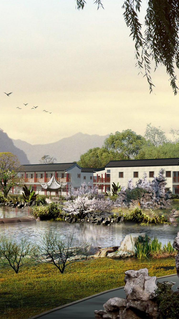 White Concrete Building Near Lake and Green Trees During Daytime. Wallpaper in 750x1334 Resolution