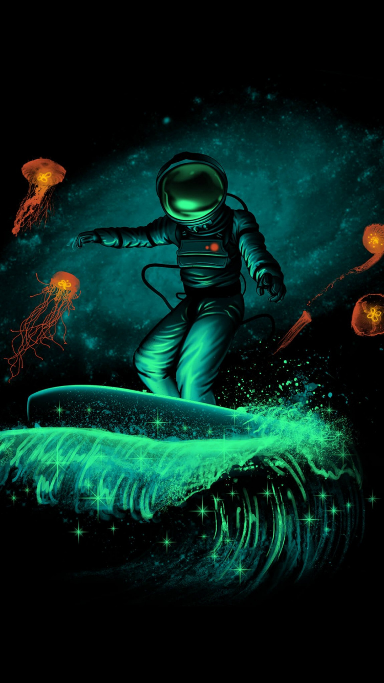 Surfing Space, Surfing, Astronaut, Art, Underwater Diving. Wallpaper in 750x1334 Resolution