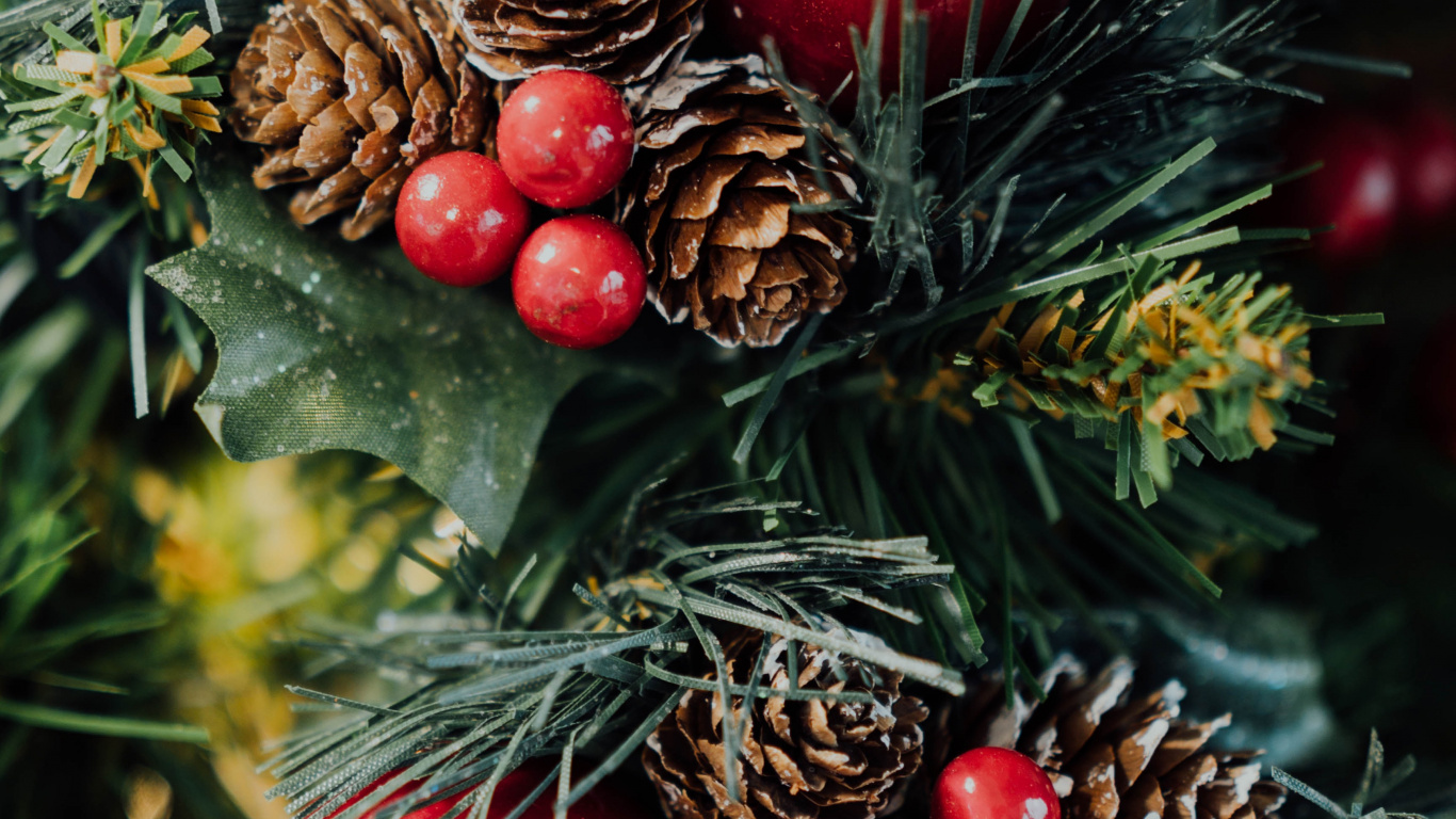 Fruta Roja y Verde Sobre Hojas Verdes.. Wallpaper in 1366x768 Resolution