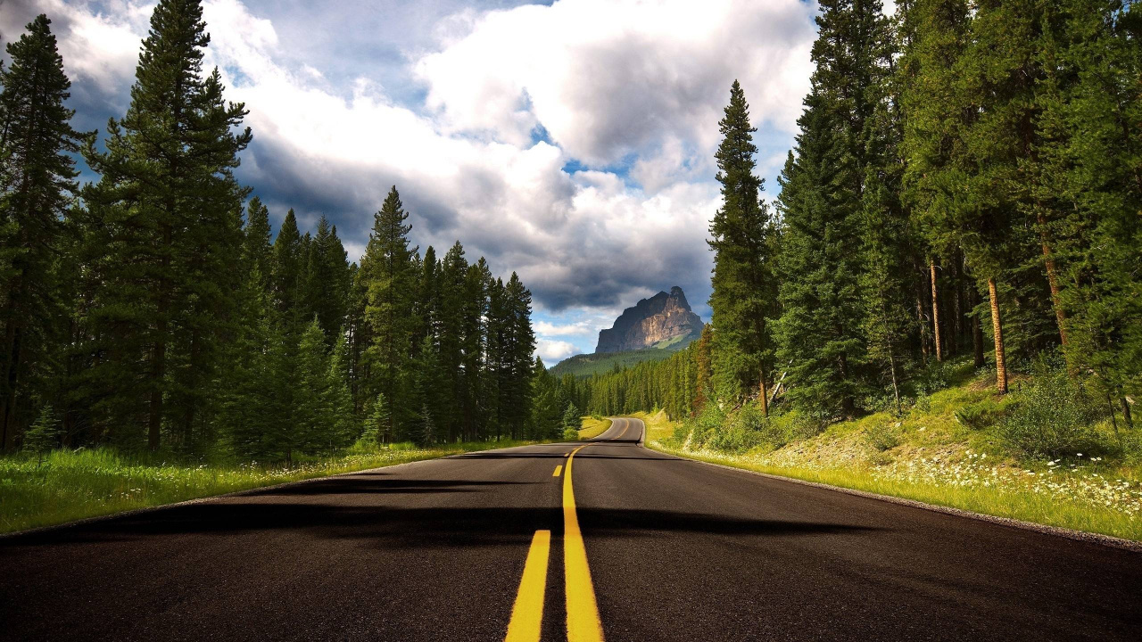 Gray Concrete Road Between Green Trees Under White Clouds and Blue Sky During Daytime. Wallpaper in 1280x720 Resolution