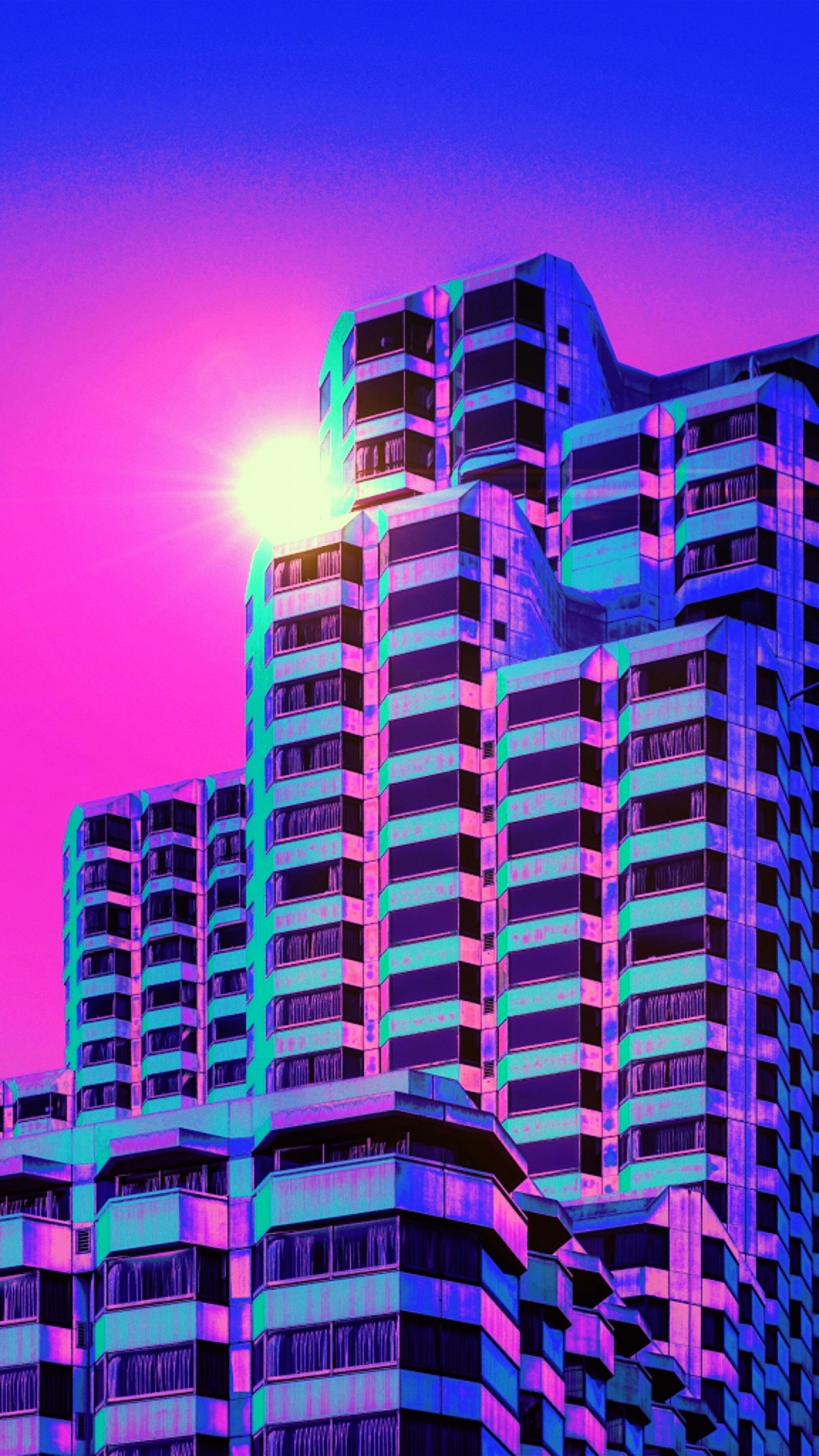 Vaporwave, Azul, Morado, Fachada, Magenta. Wallpaper in 1080x1920 Resolution