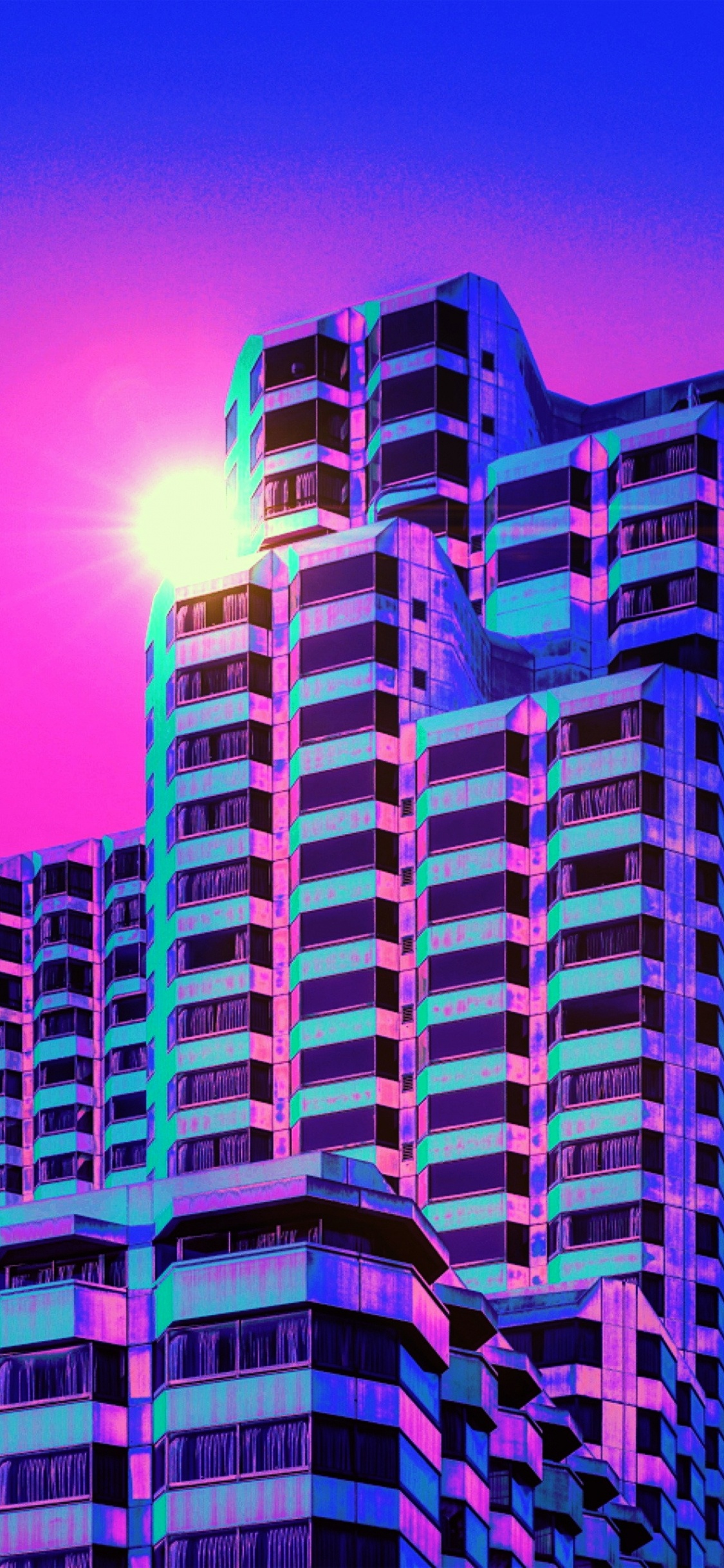 Vaporwave, Blau, Farbigkeit, Purpur, Fassade. Wallpaper in 1125x2436 Resolution