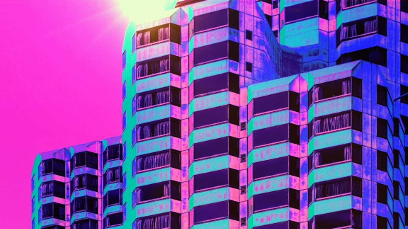 Vaporwave, Blau, Farbigkeit, Purpur, Fassade. Wallpaper in 1366x768 Resolution
