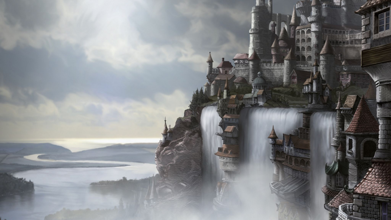 Château au Sommet D'une Formation Rocheuse Près D'un Plan D'eau. Wallpaper in 1366x768 Resolution