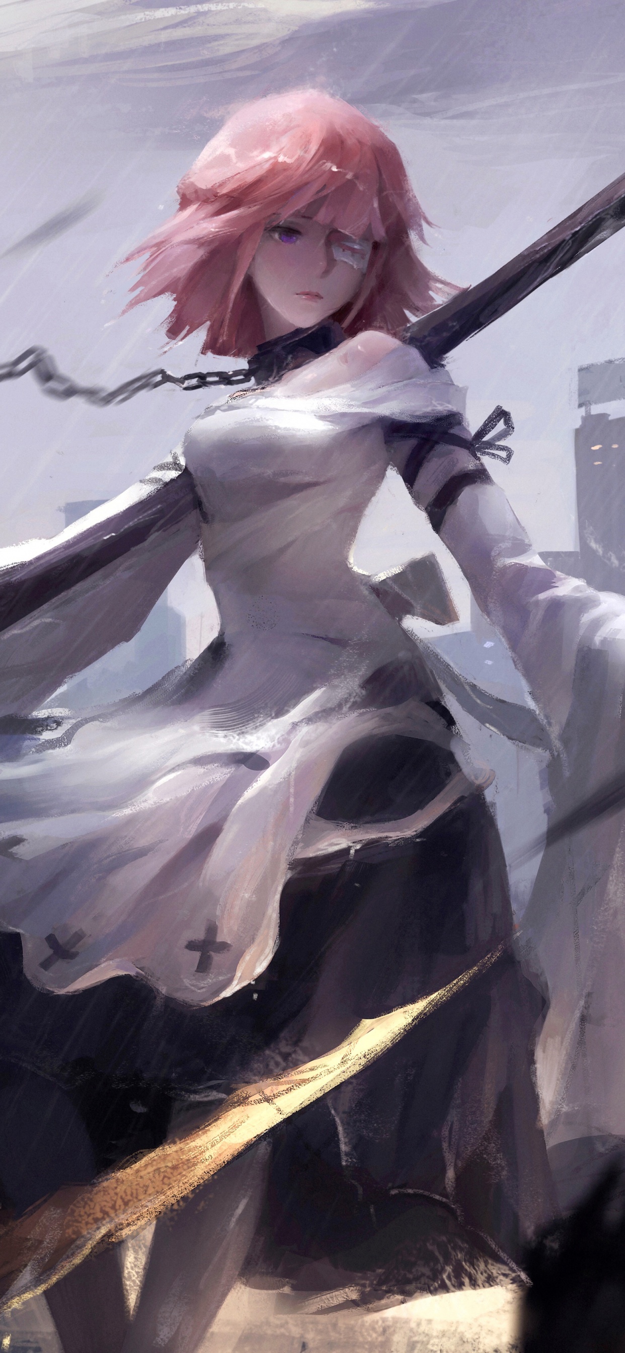 Woman in White Dress Holding Black Umbrella. Wallpaper in 1242x2688 Resolution