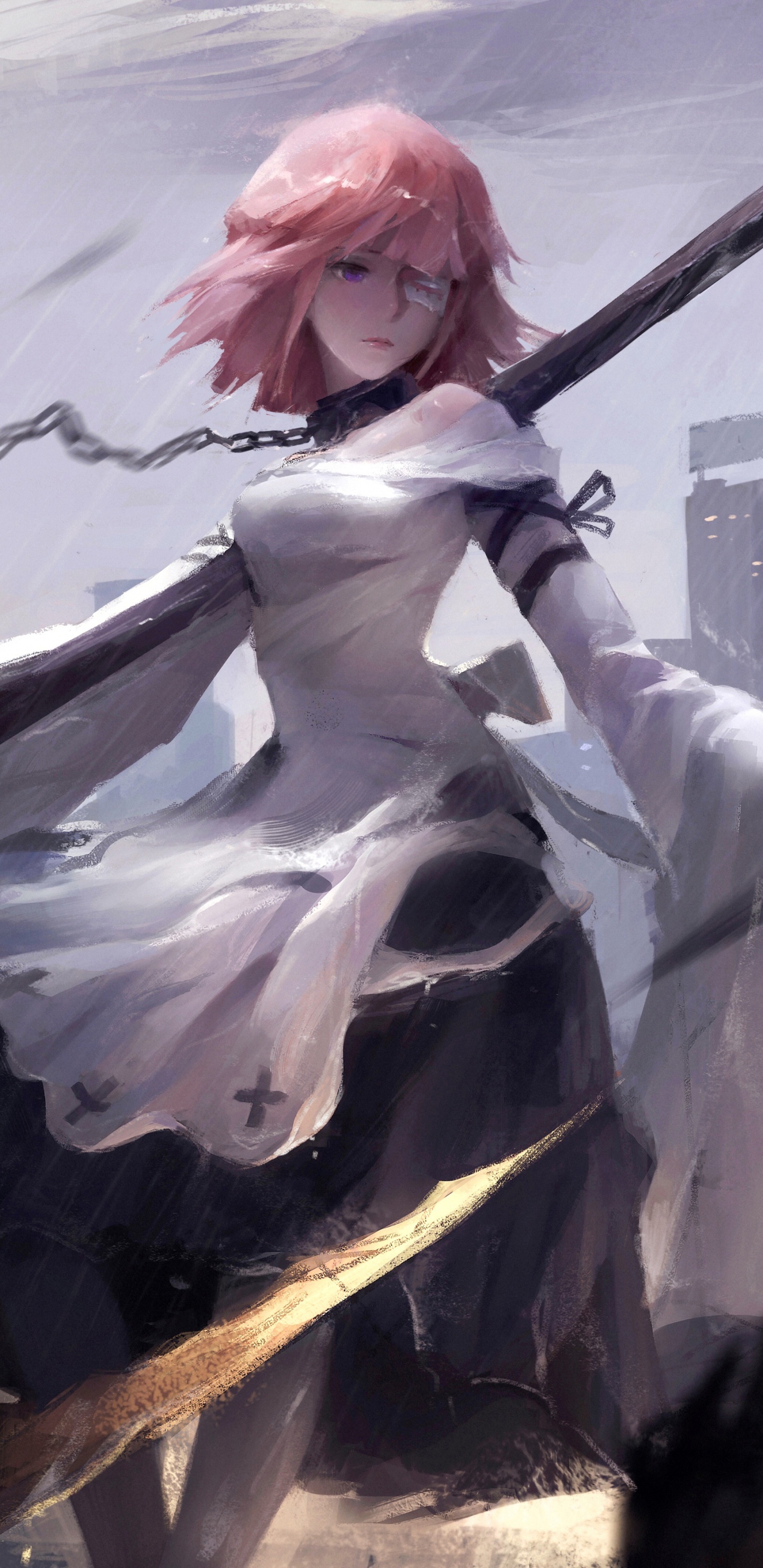 Mujer en Vestido Blanco Sosteniendo Paraguas Negro. Wallpaper in 1440x2960 Resolution