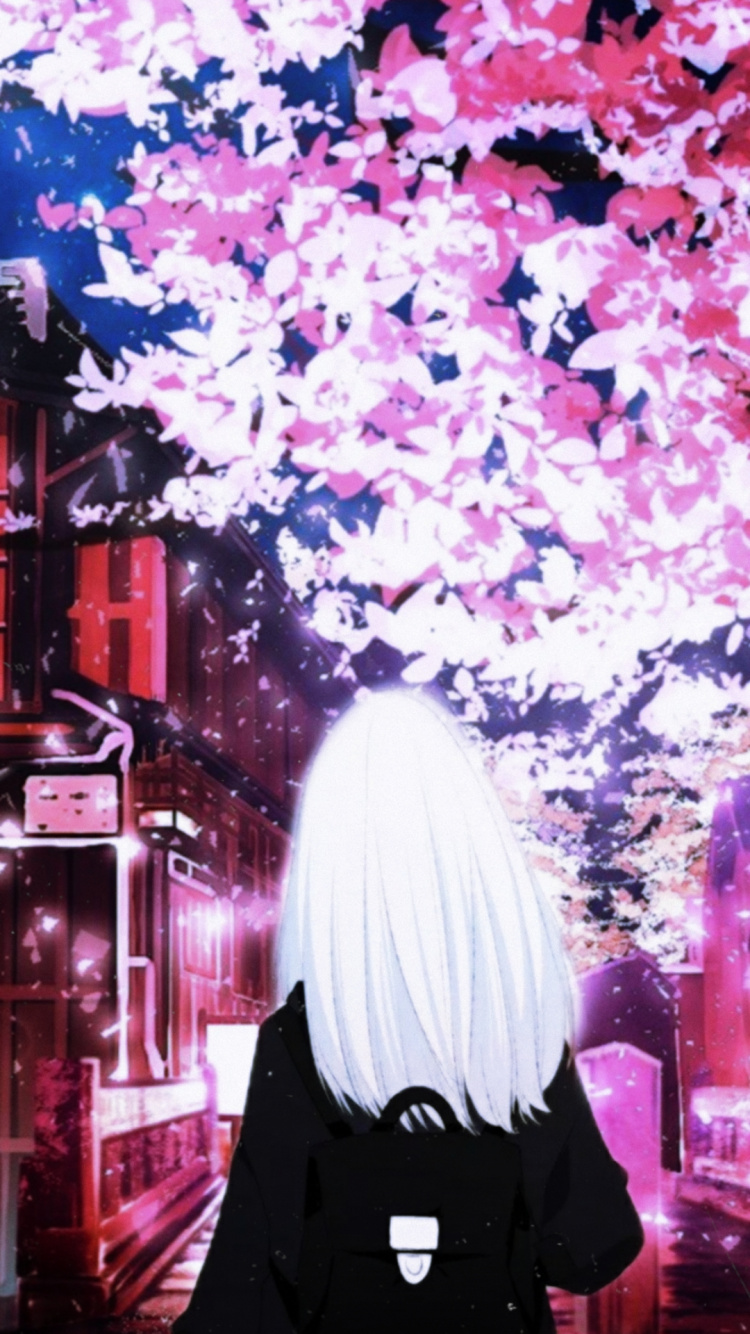 Anime, Anime Frau, Kirschblüte, Baum, Purpur. Wallpaper in 750x1334 Resolution
