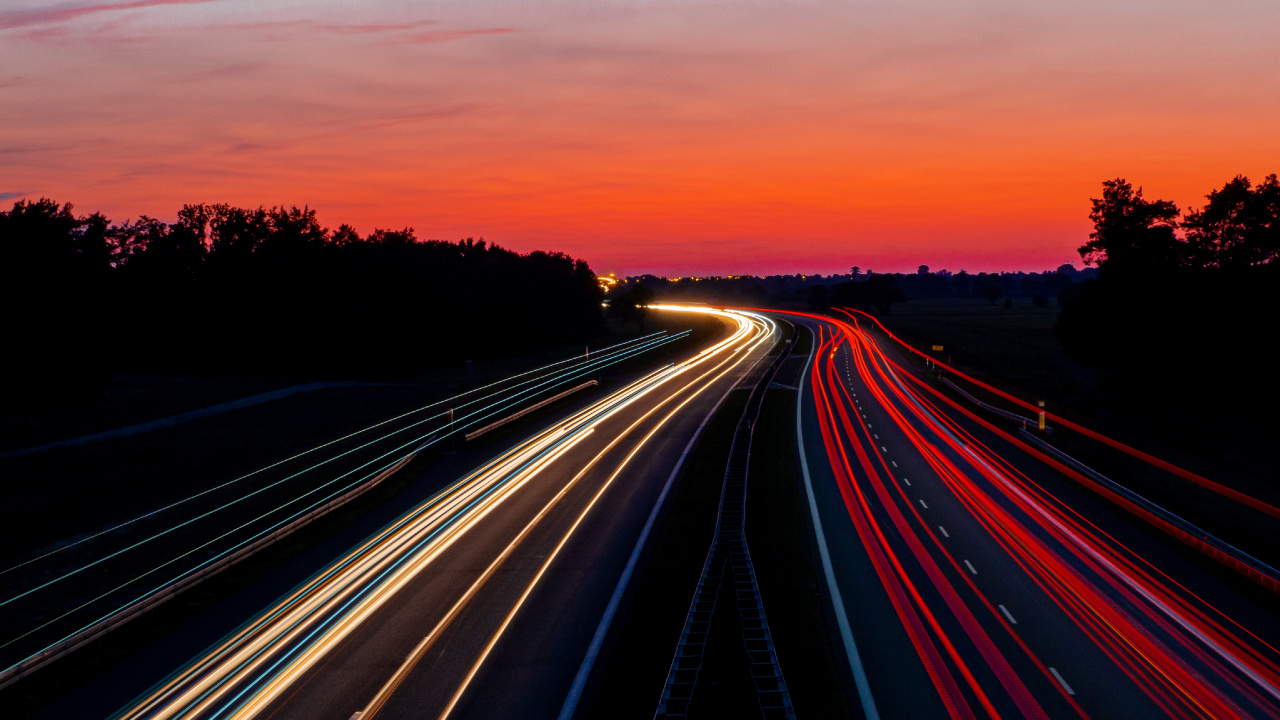 高速公路, 红色的, 地平线, 光, 晚上 壁纸 1280x720 允许
