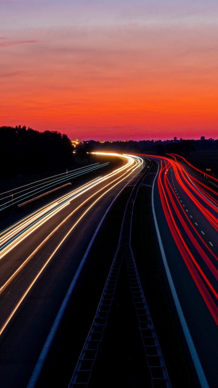 高速公路, 红色的, 地平线, 光, 晚上 壁纸 720x1280 允许