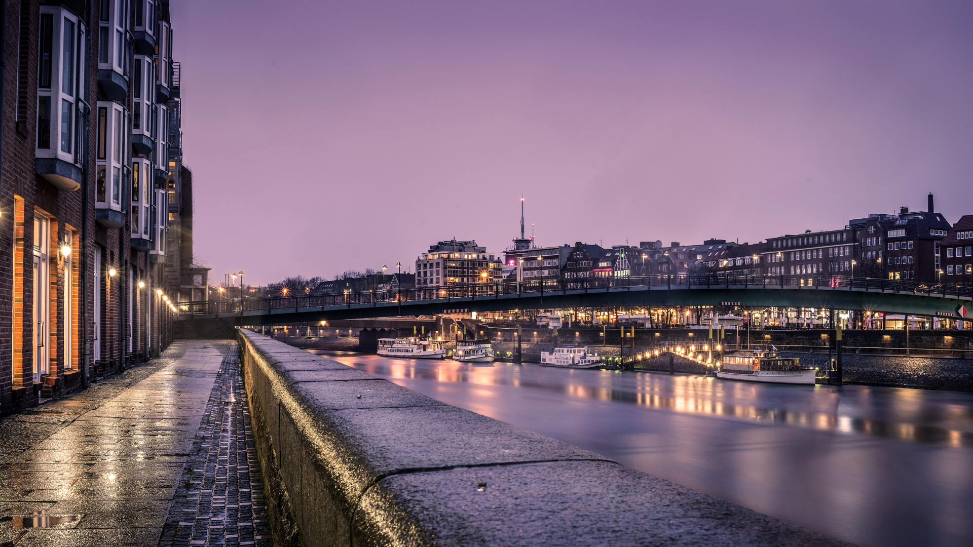 Body of Water Near City Buildings During Night Time. Wallpaper in 1920x1080 Resolution