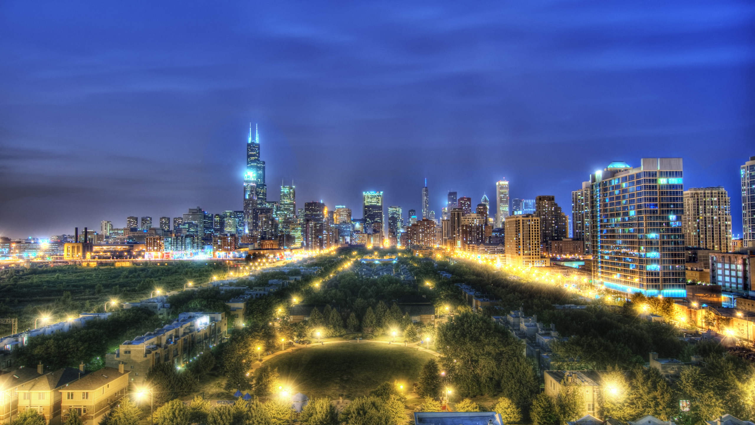 Green Trees and City Lights During Night Time. Wallpaper in 2560x1440 Resolution