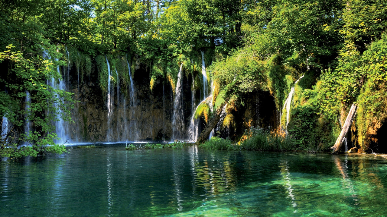 Grünes Wasser Fällt Mit Grünen Bäumen. Wallpaper in 1280x720 Resolution