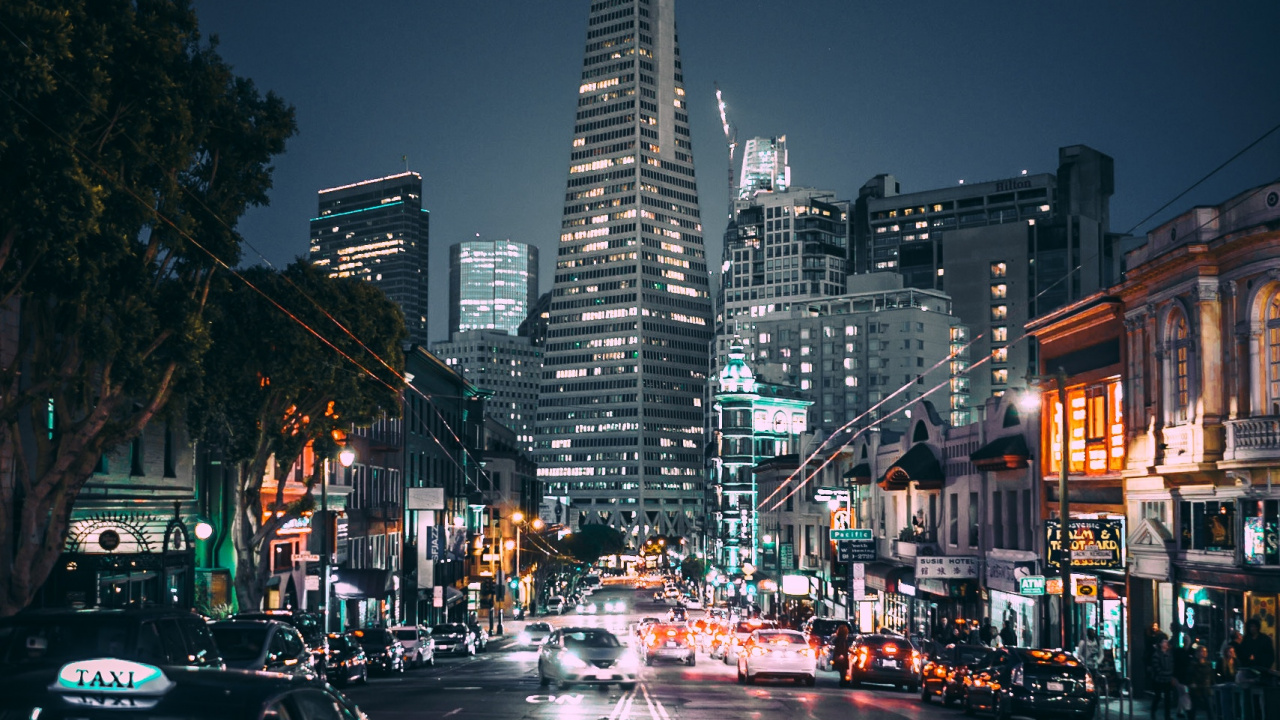Cars on Road Near High Rise Buildings During Night Time. Wallpaper in 1280x720 Resolution