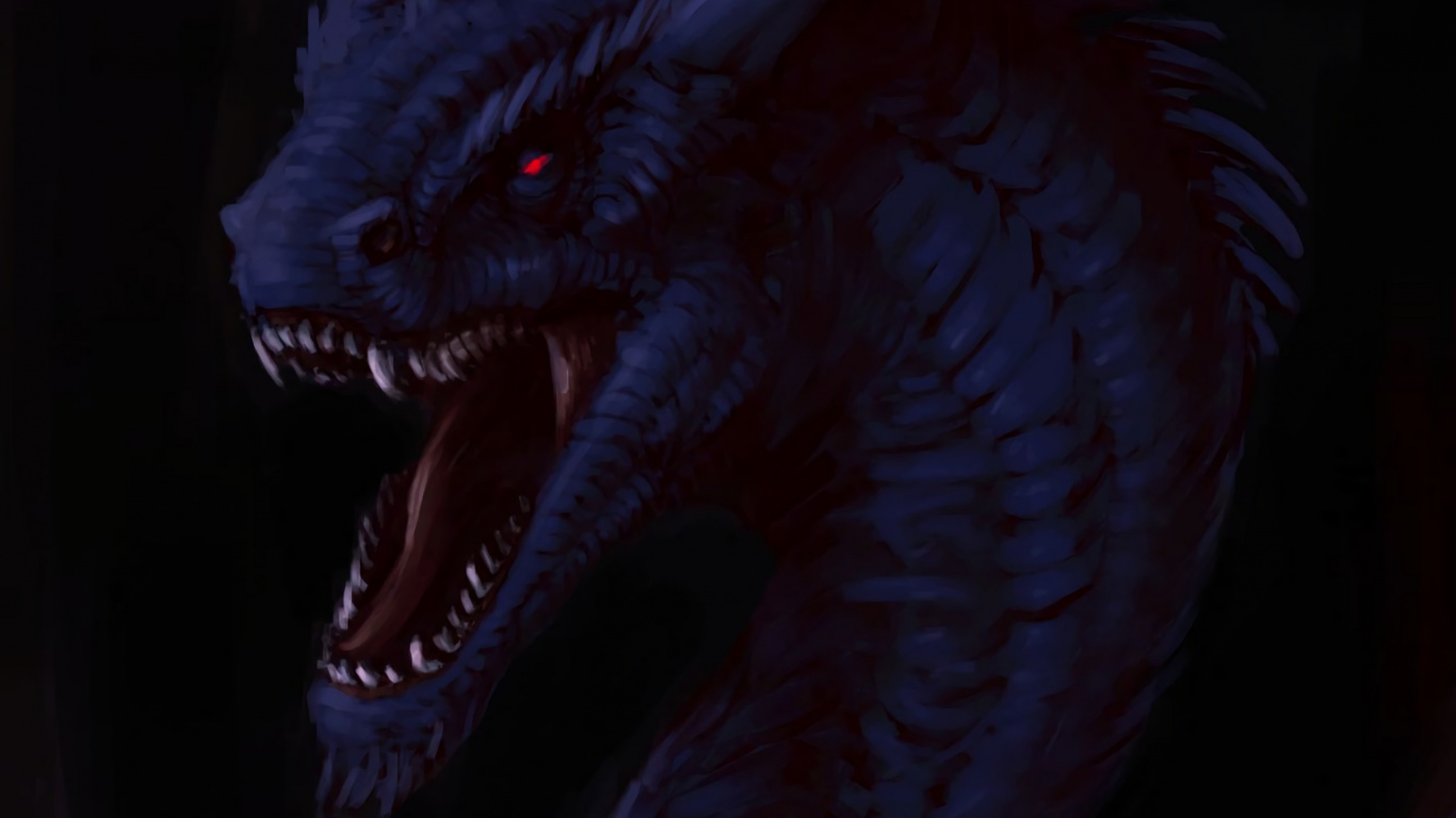 Dragon Bleu Sur Fond Noir. Wallpaper in 1366x768 Resolution