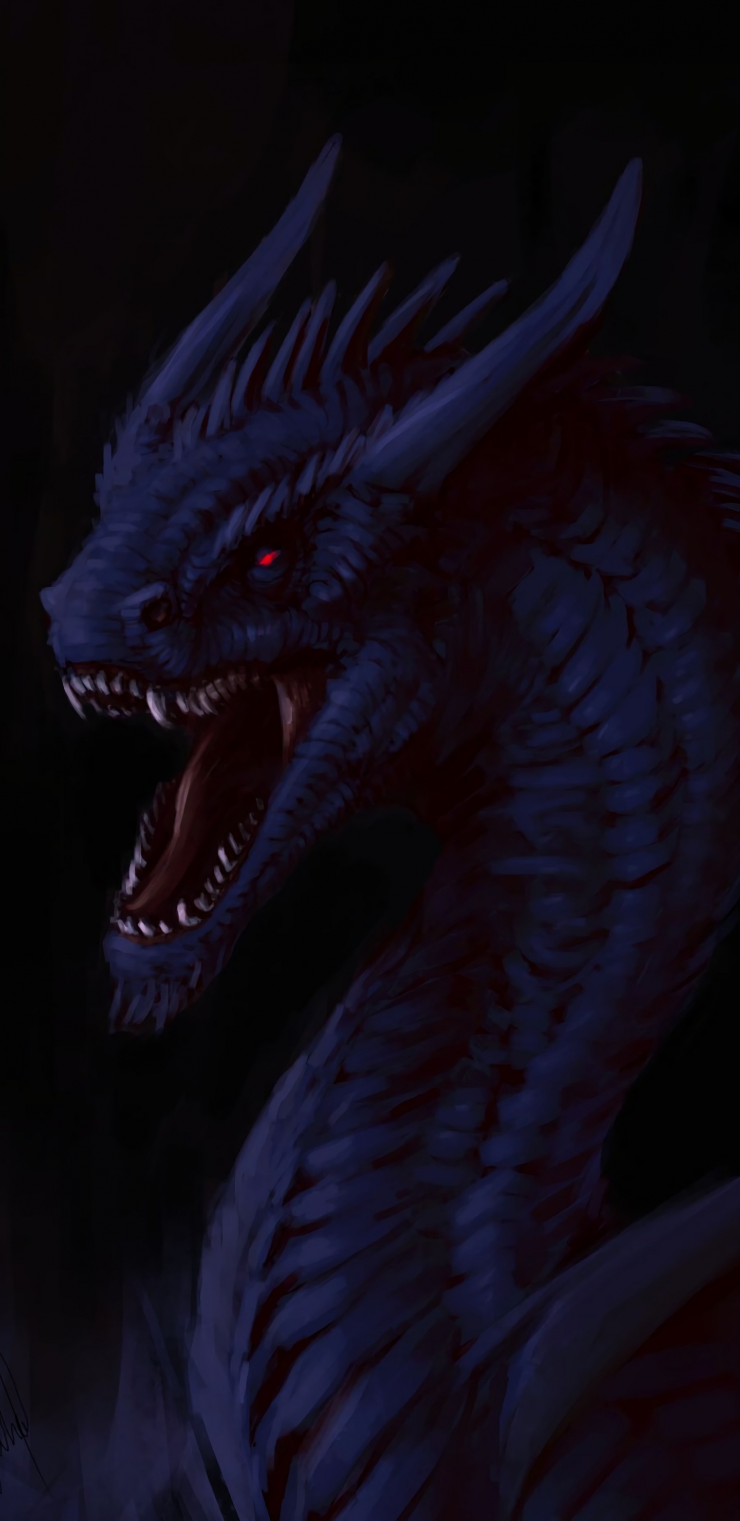 Dragon Bleu Sur Fond Noir. Wallpaper in 1440x2960 Resolution