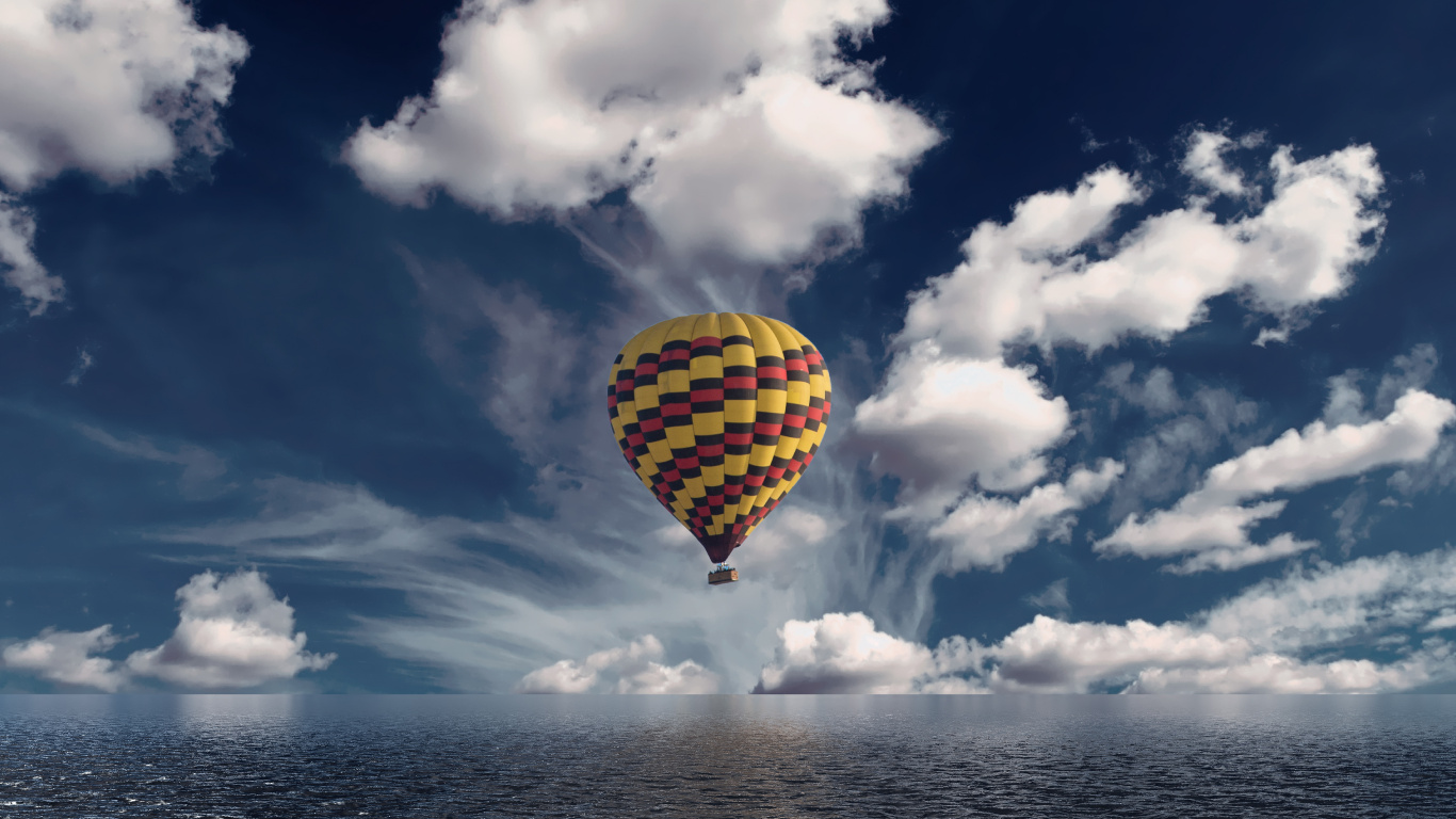 Montgolfière Jaune et Verte Dans Les Airs Sous un Ciel Nuageux Bleu et Blanc Pendant. Wallpaper in 1366x768 Resolution