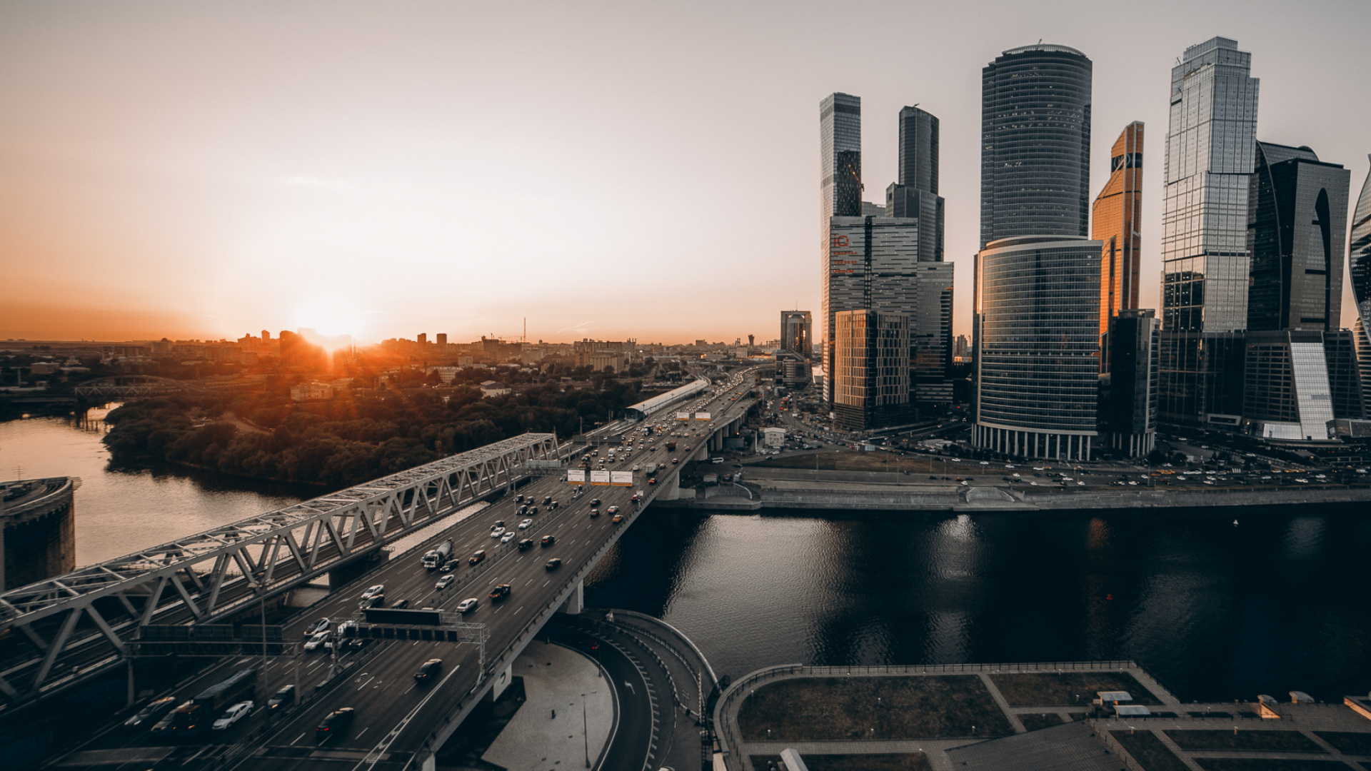 City Buildings During Orange Sunset. Wallpaper in 1920x1080 Resolution