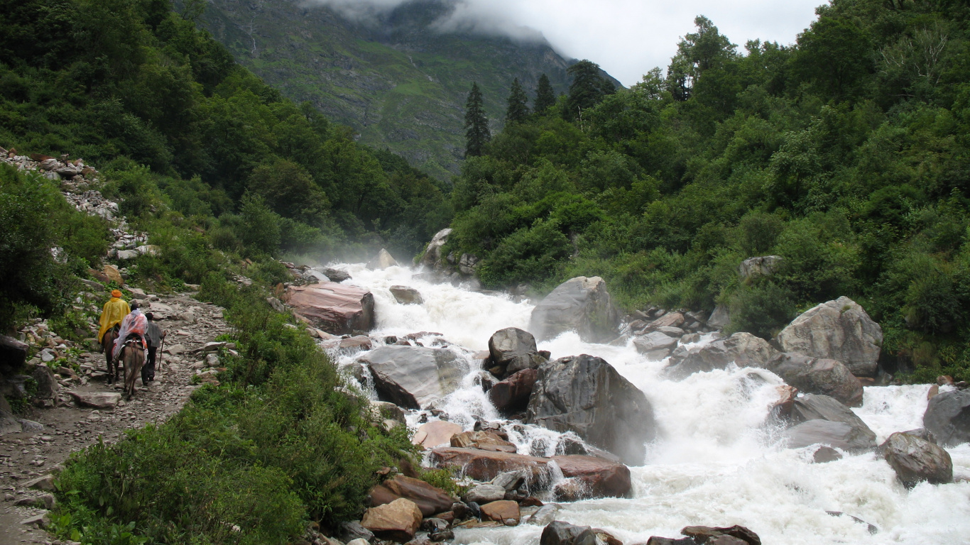 Leute, Die Tagsüber Auf Einem Felsigen Fluss Laufen. Wallpaper in 1366x768 Resolution