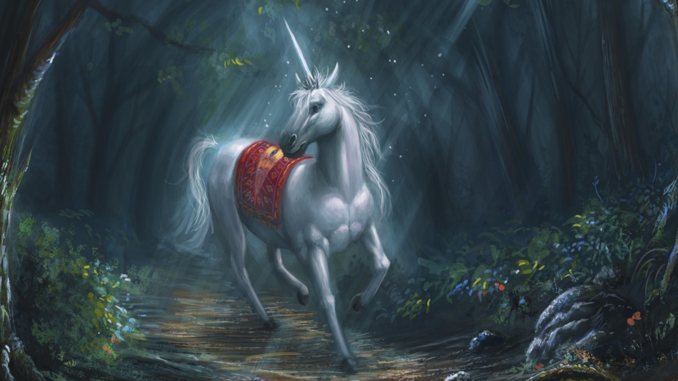 独角兽, 艺术, 神秘的生物, 森林, 视觉艺术 壁纸 1366x768 允许