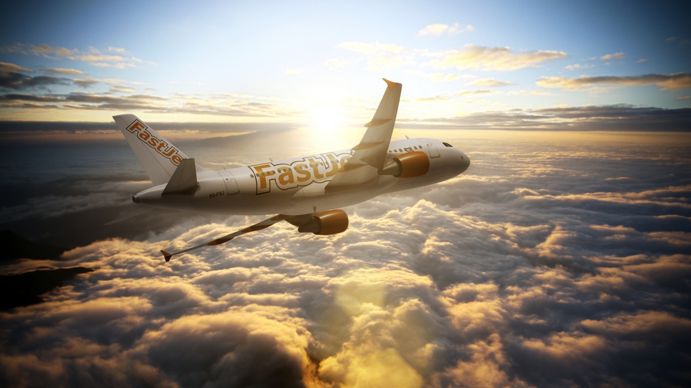 Weißes Und Blaues Flugzeug, Das Tagsüber Über Weiße Wolken Fliegt. Wallpaper in 1366x768 Resolution