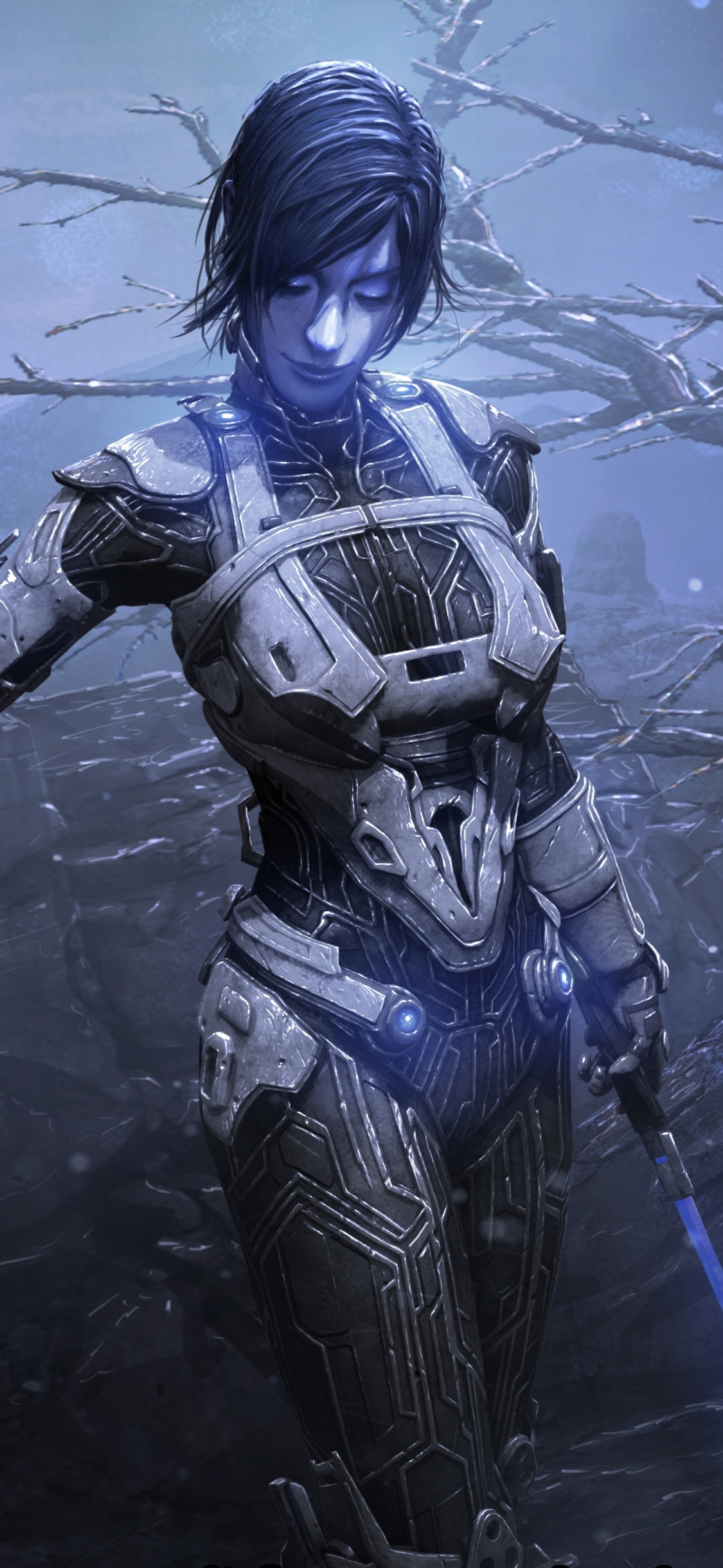 Mujer en Traje Negro y Azul Con Arma Negra y Azul. Wallpaper in 1125x2436 Resolution