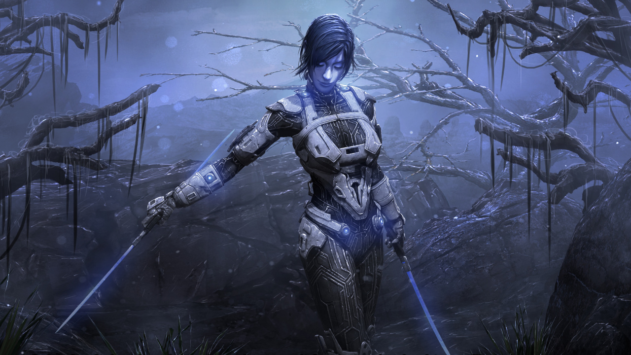 Woman in Black and Blue Suit Holding Black and Blue Weapon. Wallpaper in 1280x720 Resolution