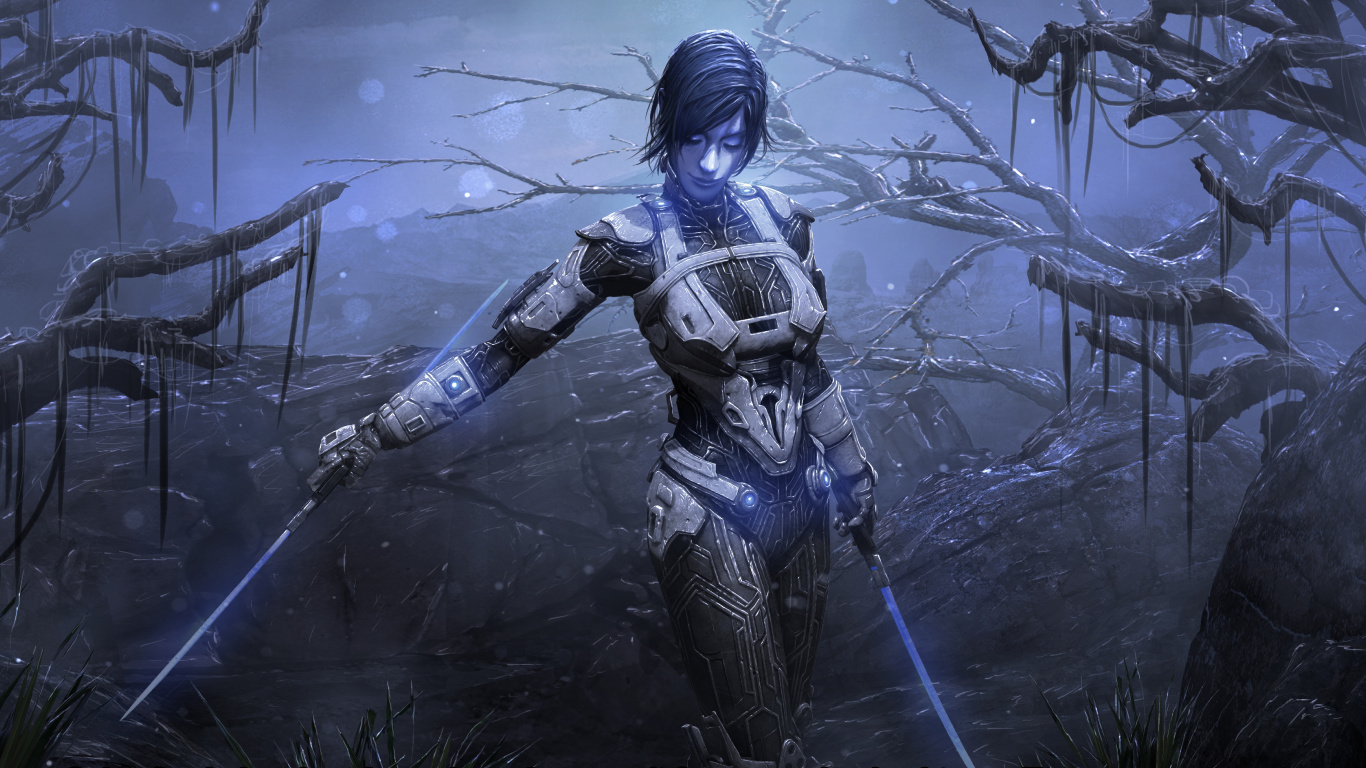 Woman in Black and Blue Suit Holding Black and Blue Weapon. Wallpaper in 1366x768 Resolution