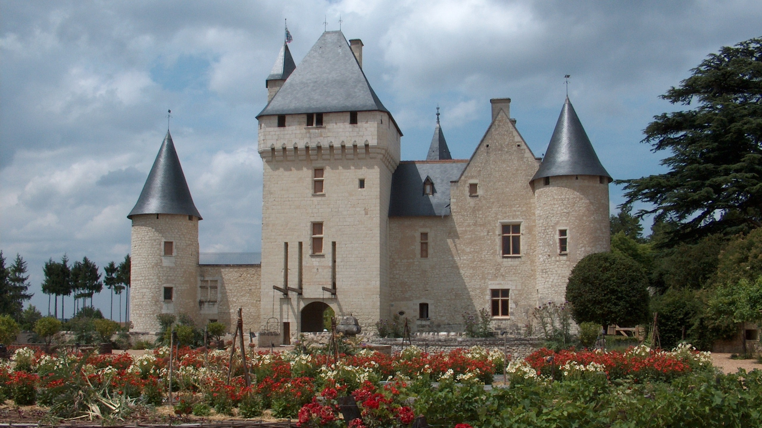 Red Flowers in Front of Gray Concrete Castle. Wallpaper in 2560x1440 Resolution