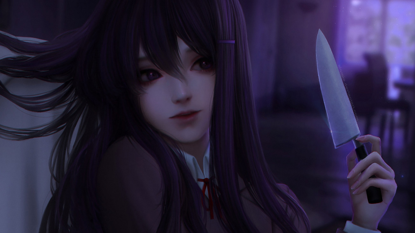 Purple Haired Woman Anime Character. Wallpaper in 1366x768 Resolution