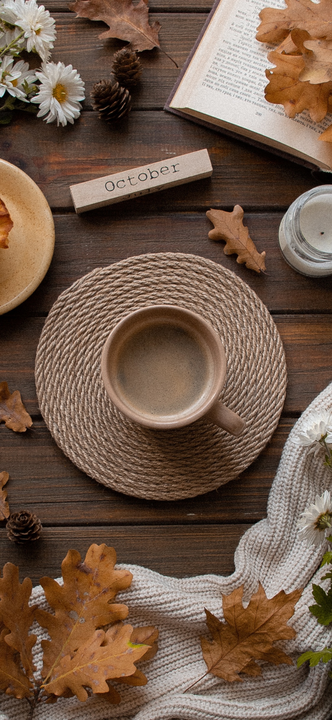 Brown Dried Leaves on Brown Wooden Table. Wallpaper in 1125x2436 Resolution
