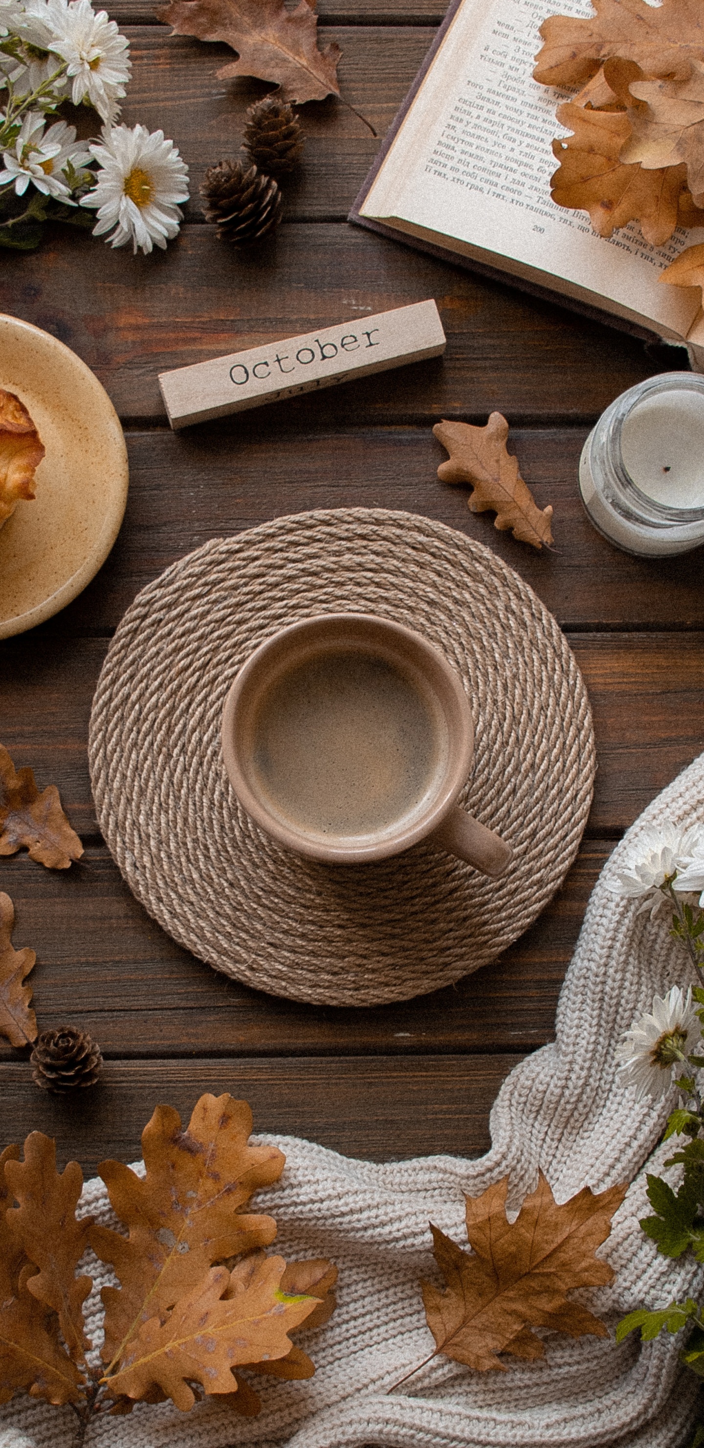 Brown Dried Leaves on Brown Wooden Table. Wallpaper in 1440x2960 Resolution