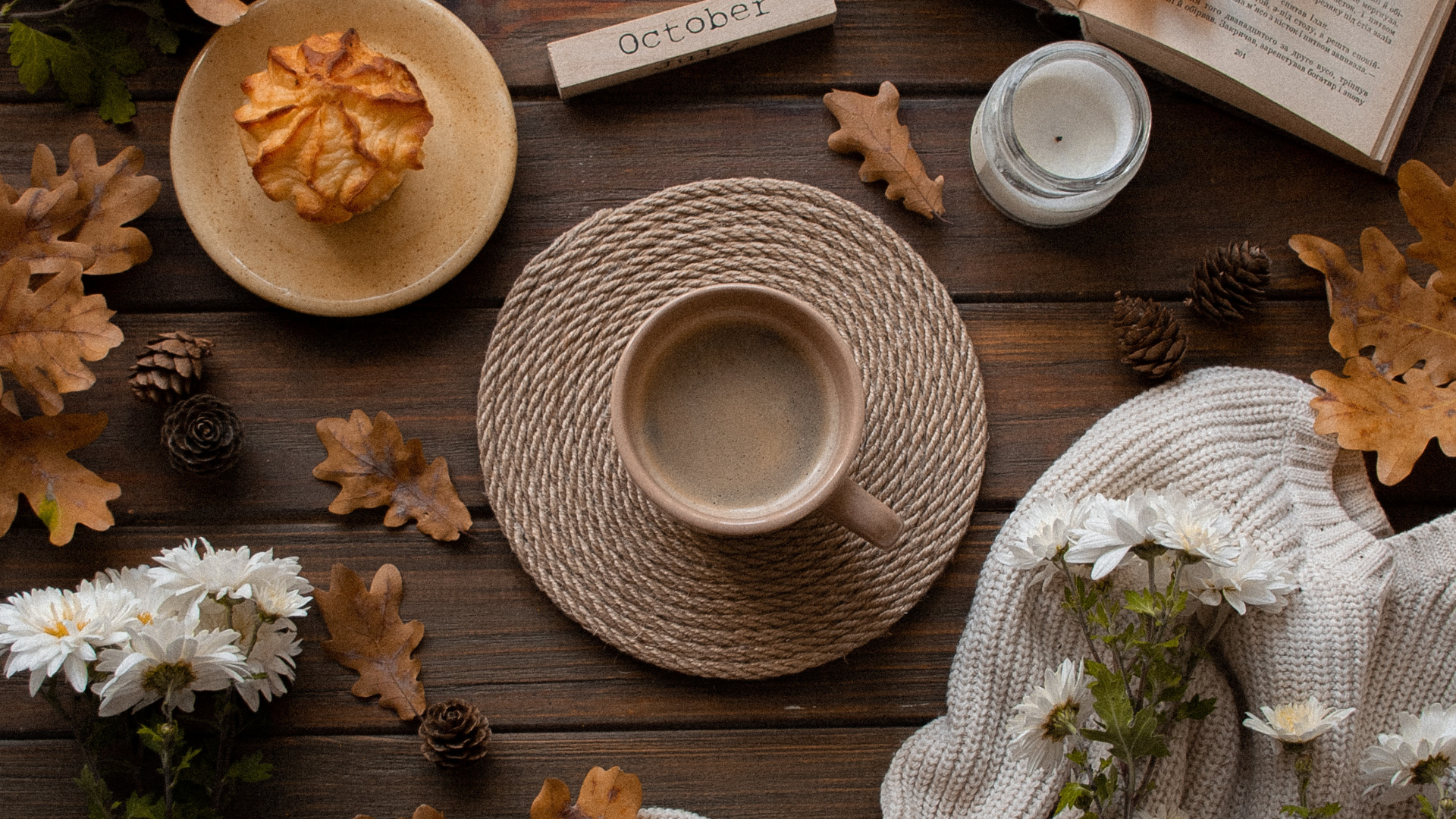 Brown Dried Leaves on Brown Wooden Table. Wallpaper in 1920x1080 Resolution
