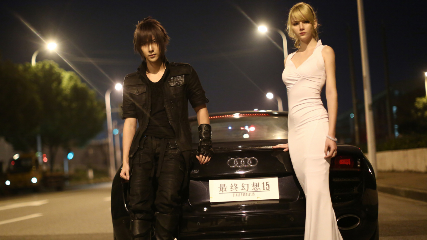 Woman in White Tank Top and Black Jacket Standing Beside Black Car. Wallpaper in 1366x768 Resolution