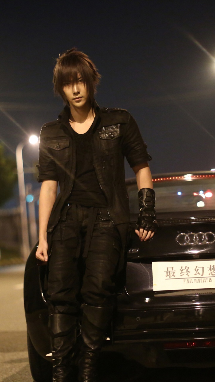 Woman in White Tank Top and Black Jacket Standing Beside Black Car. Wallpaper in 720x1280 Resolution