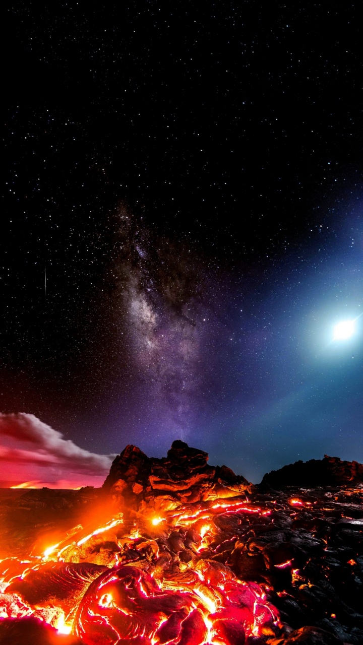 OLED, Lava Milky Way Meteor Moon, Lava, Milky Way, Volcano. Wallpaper in 720x1280 Resolution